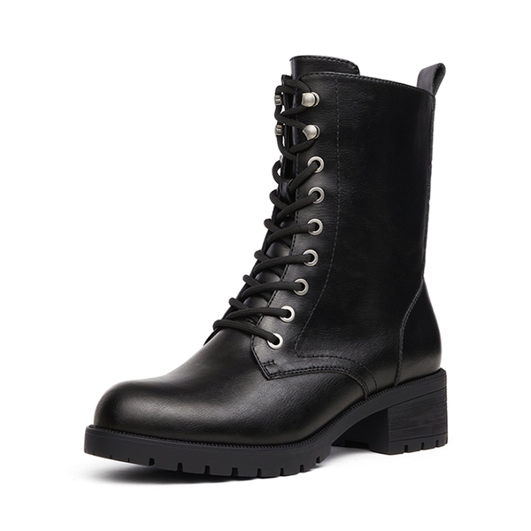 Mid Calf Chunky Lace Up Boots - BLACK PU -  0
